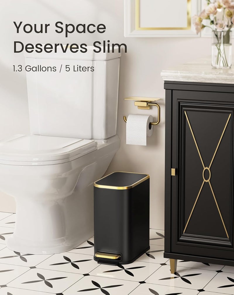 Cesun Small Bathroom Trash Can with Lid Soft Close, 5 Liter/1.3 Gallon Stainless Steel Garbage Can with Removable Inner Bucket, Step Pedal, Slim Waste Basket for Toilet, Office, Bedroom (Black&Gold) - Image 3